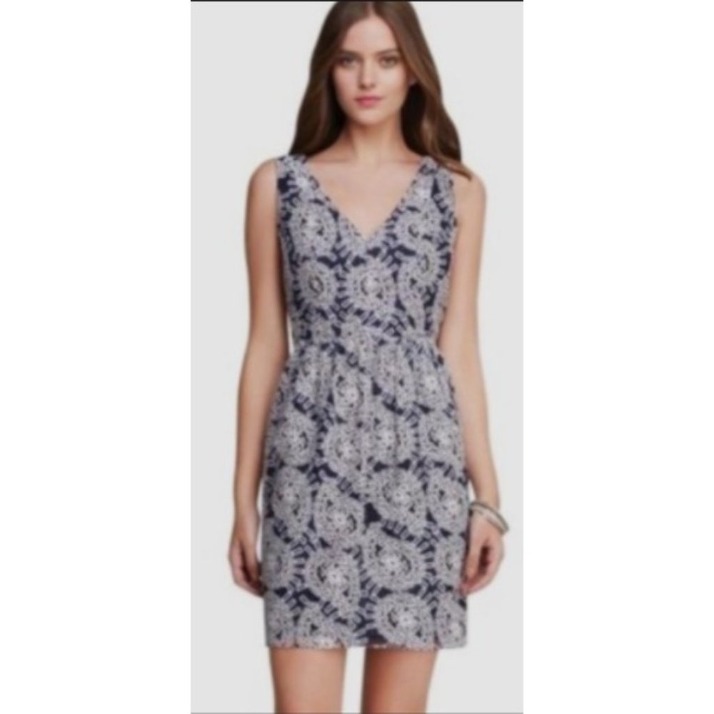 Shoshanna Women's Blue & White Geo Print Shear Floral Lace Mini Dress Size 0/ XS - Picture 2 of 14